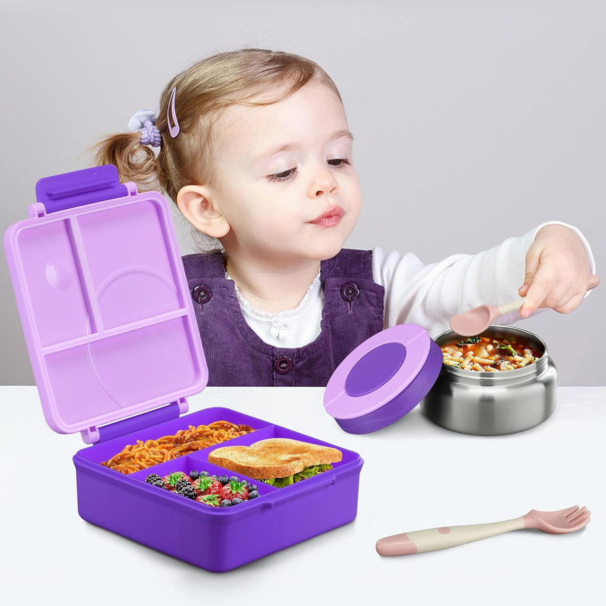 Bento Lunch Box for Kids with 8oz Soup Thermo&Lunch Bag, Leak-Proof Lunch Food Containers with 4 Compartment, Hot Food Insulated Food Jar for Kids School (Purple)