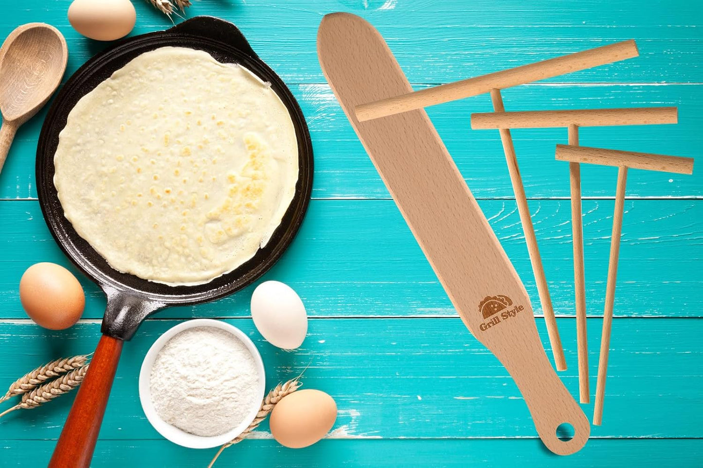 Crepe Spreader and Spatula Kit, Natural Wood Material Crepes Sticks | T-Shaped Batter Spreaders(3.5, 5, 7 Inch) & Spatula Turner(13.4 Inch), Pancake Tool, Fit Any Crepe Pan Maker, Pack of 4