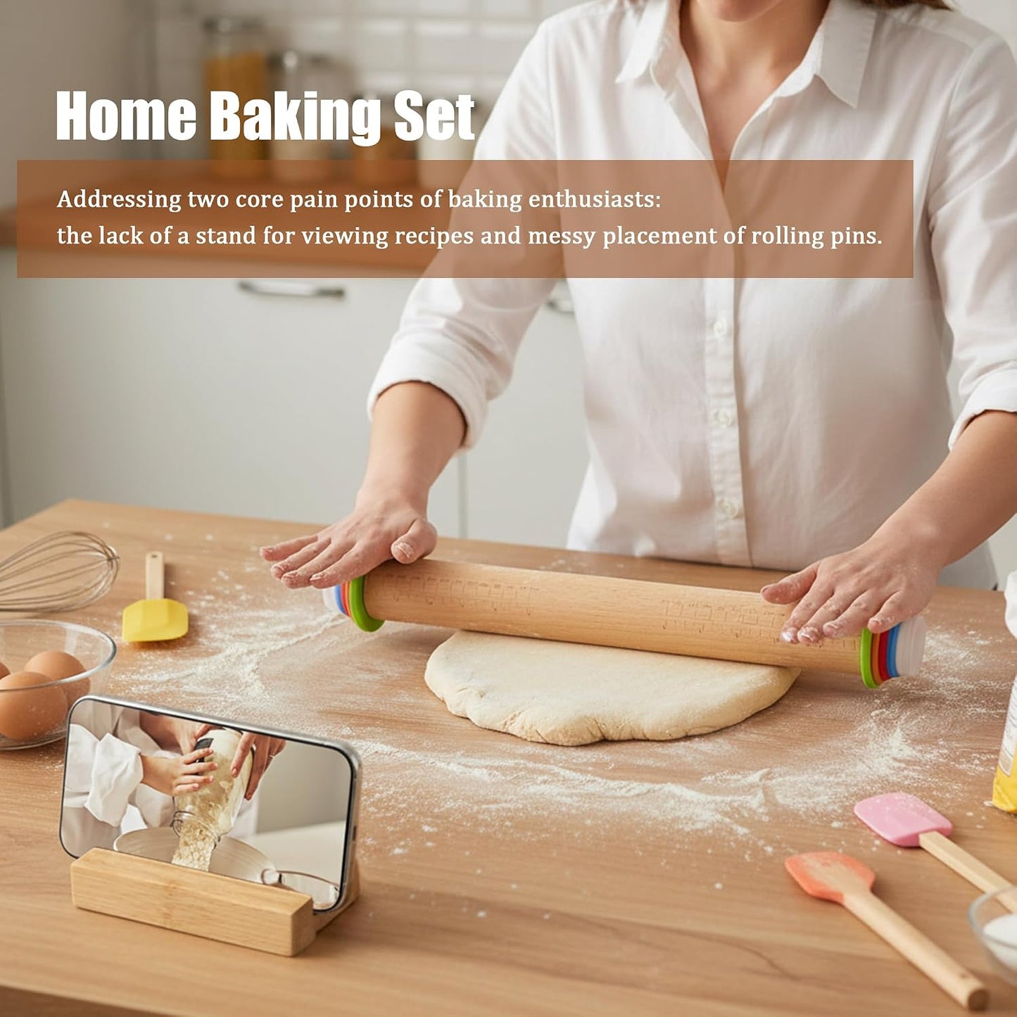 Adjustable Rolling Pin with Thickness Rings, 17 Inch Wood Roller