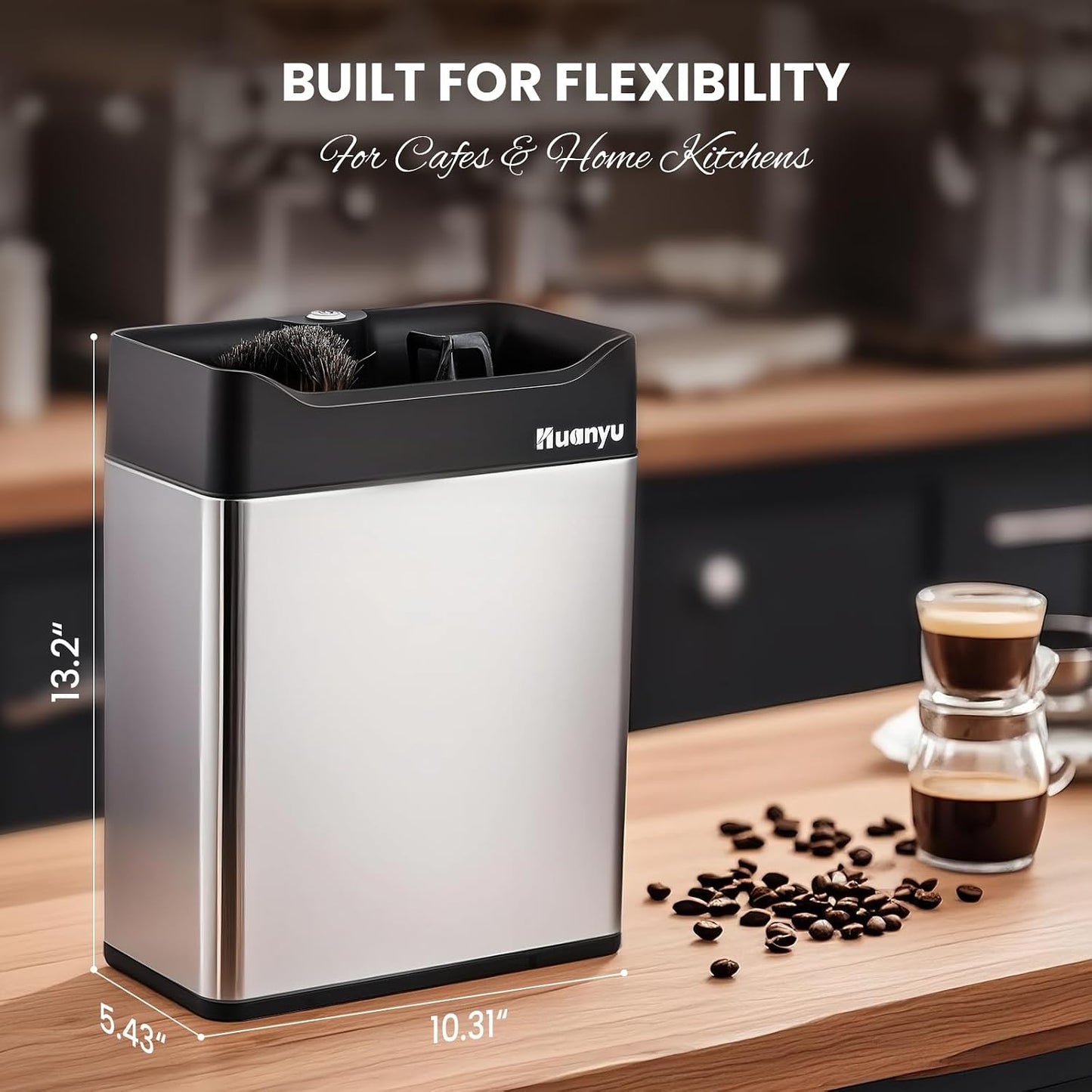 Huanyu 6L Automatic Portafilter Cleaner, 3-Way Installation, for 51&58mm | 6l capacity for 50+ cycles, dual brush heads, 3 size scrapers fits 51&58mm portafilters, stainless steel, for mid-volume cafe