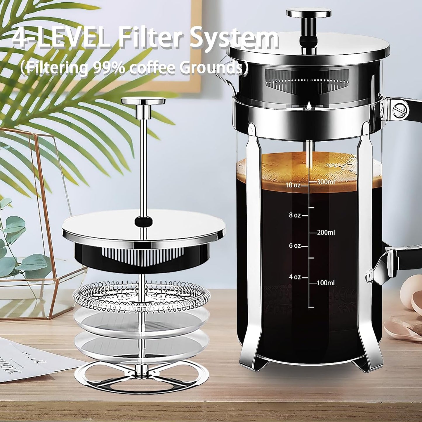 YMMIND French Press Coffee Maker 304 Stainless Steel Coffee Press,with 4 Filters System, Heat Resistant Thickness Borosilicate French Press Glass, BPA-Free Brewed Tea Pot Coffee Plunger(Copper 12oz)