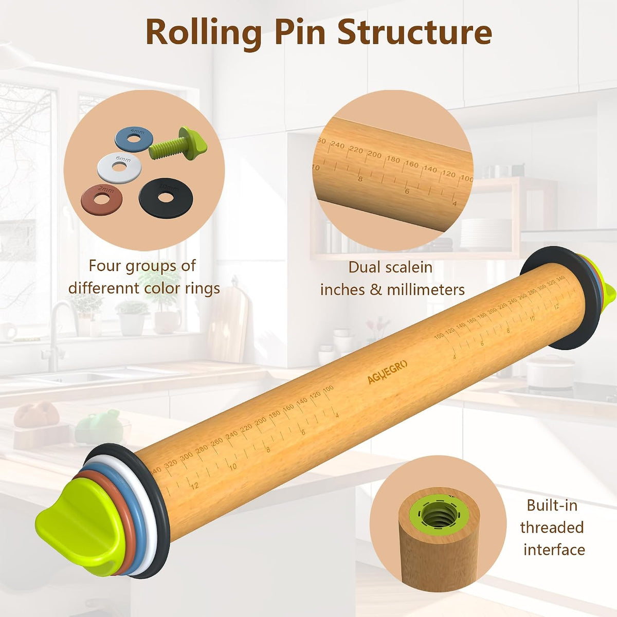 Adjustable Rolling Pin with 4 Thickness Rings &Pastry Mat For Baking Dough | 13.6''Wooden Dough Roller with Precision Measuring Rings For Cookie Pizza Fondant PieCrust Pastry Making At Home or Pro Baker