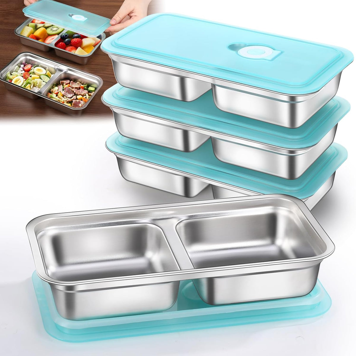 6 Pack Stainless Steel Snack Containers Reusable, Grab and Go 2 Compartment Food Storage Containers with Leakproof Lids for Travel and Outdoor Camping School Lunch Prep Dishwasher Safe