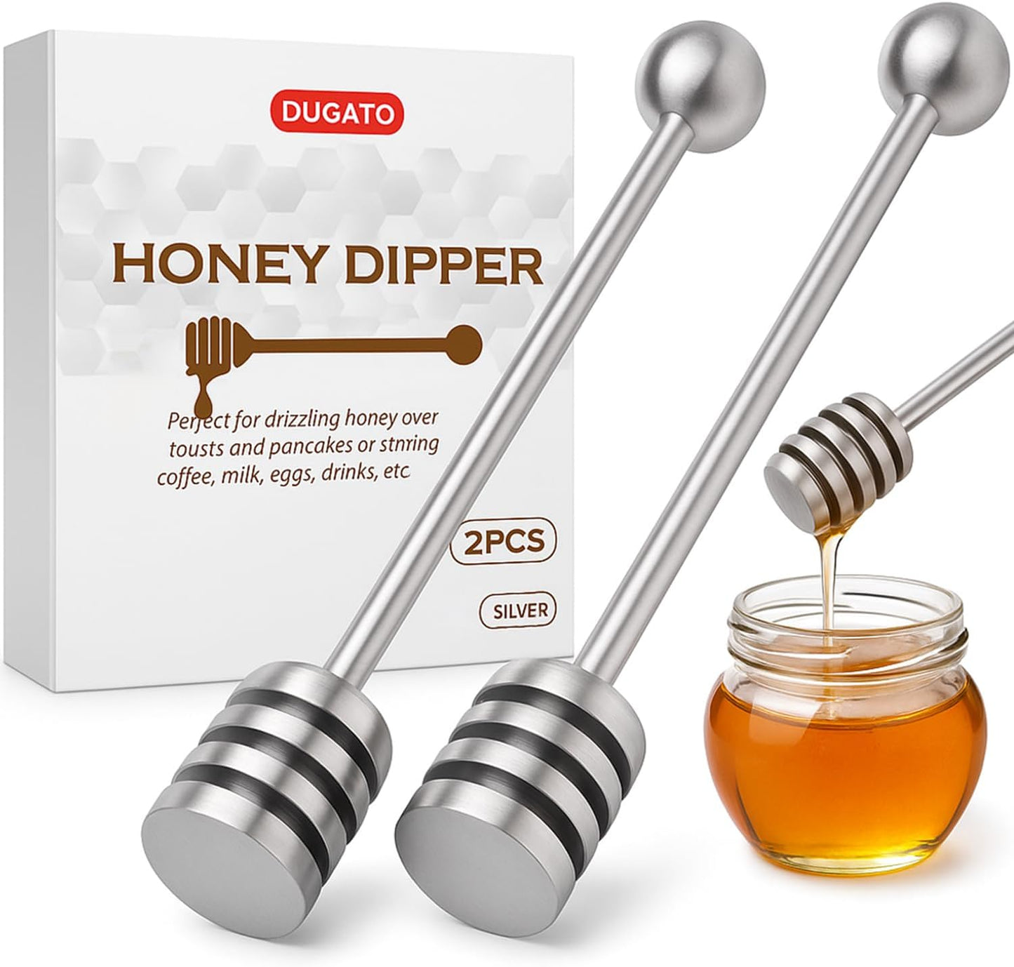 DUGATO Honey Dipper Set (2 Pack, 6.3") - 304 Stainless Steel Honeycomb Sticks for Honey Pot Jar, Syr
