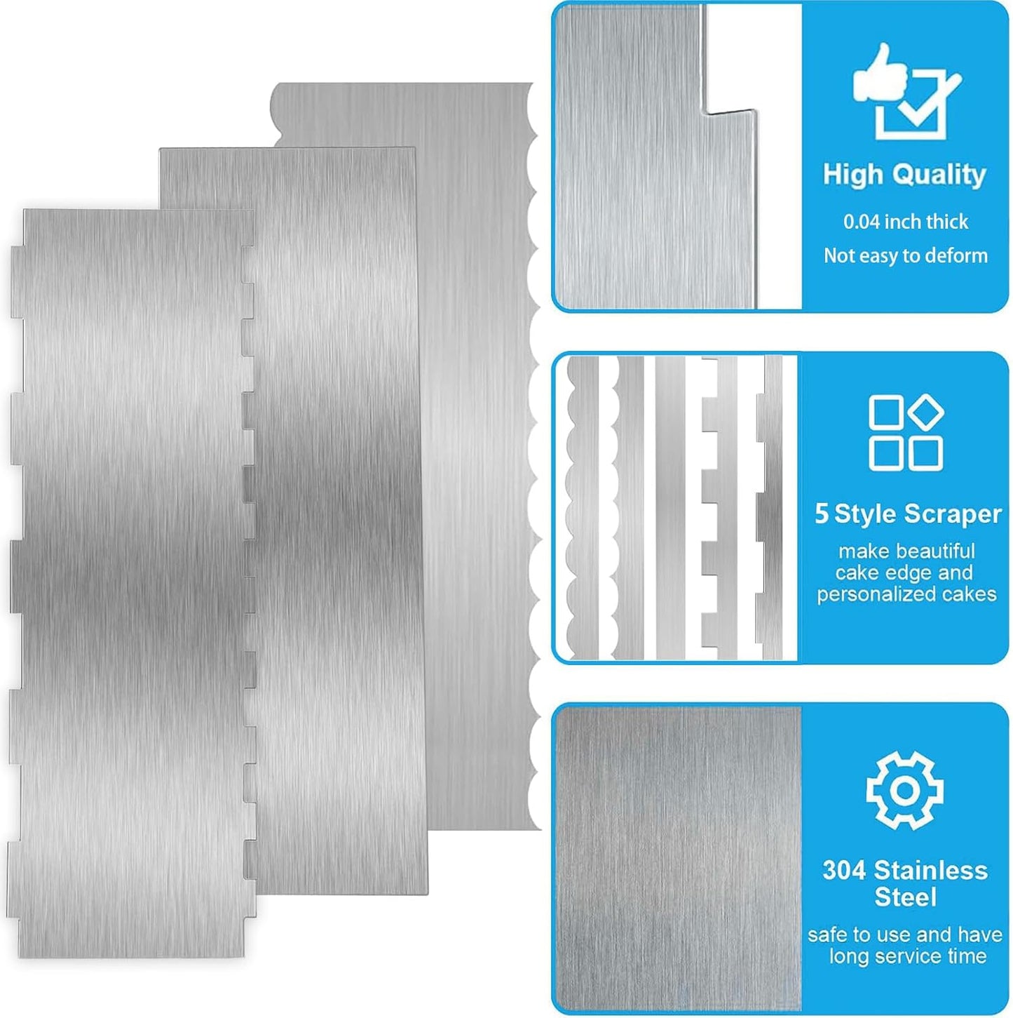 3 Pieces 8.7 Inche Stainless Steel Cake Scraper,Double Sided Patterned Edge Stripe Edge Smoother Scraper Cake