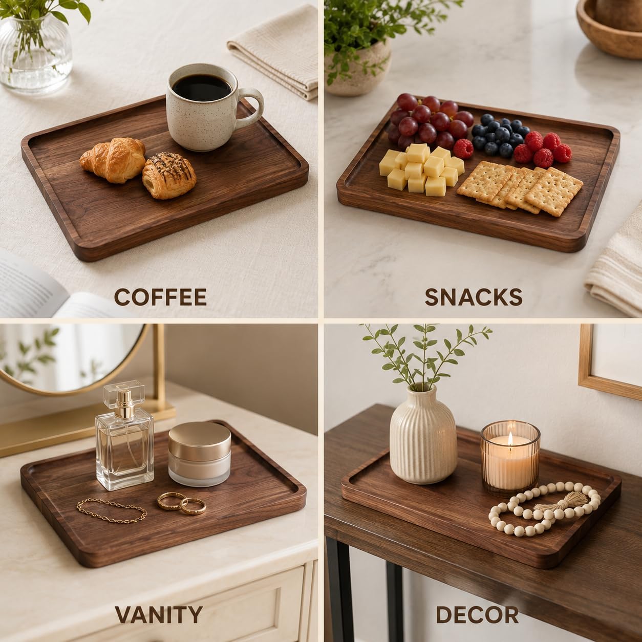 Walnut Wood Serving Tray, 13.4 x 9 Inch Rectangular Platter with Raised Rim