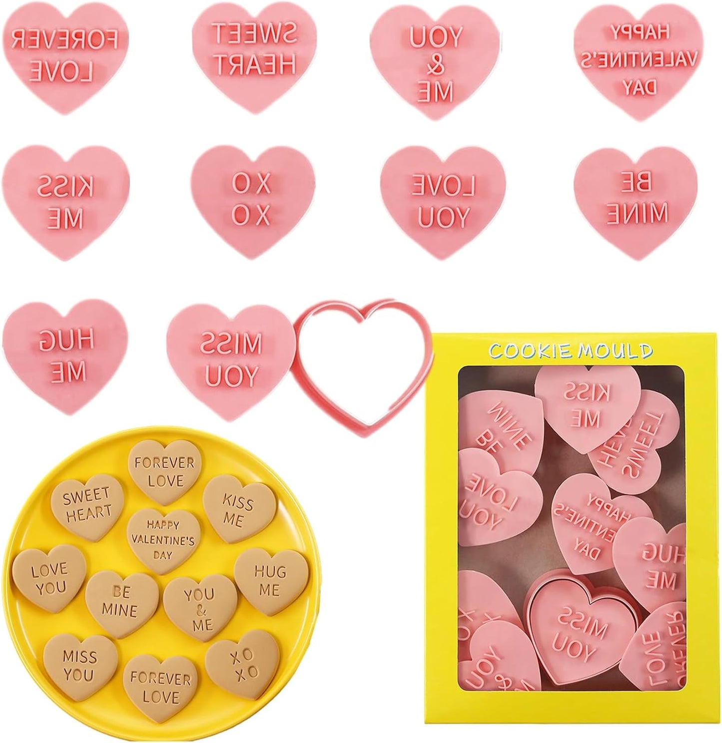 Heart Cookie Cutter Set, 10 Pcs 3D Pressable Biscuit Cutter and Stamps, Valentine's Day Cookie Molds