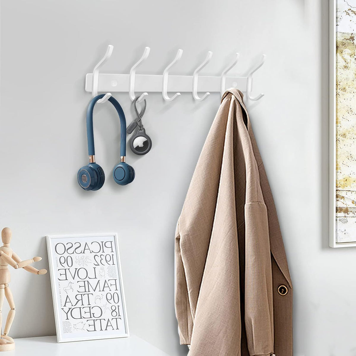 White Coat Rack Wall Mount, 23 Inch Coat Hooks with 8 Hooks, 1 Pack