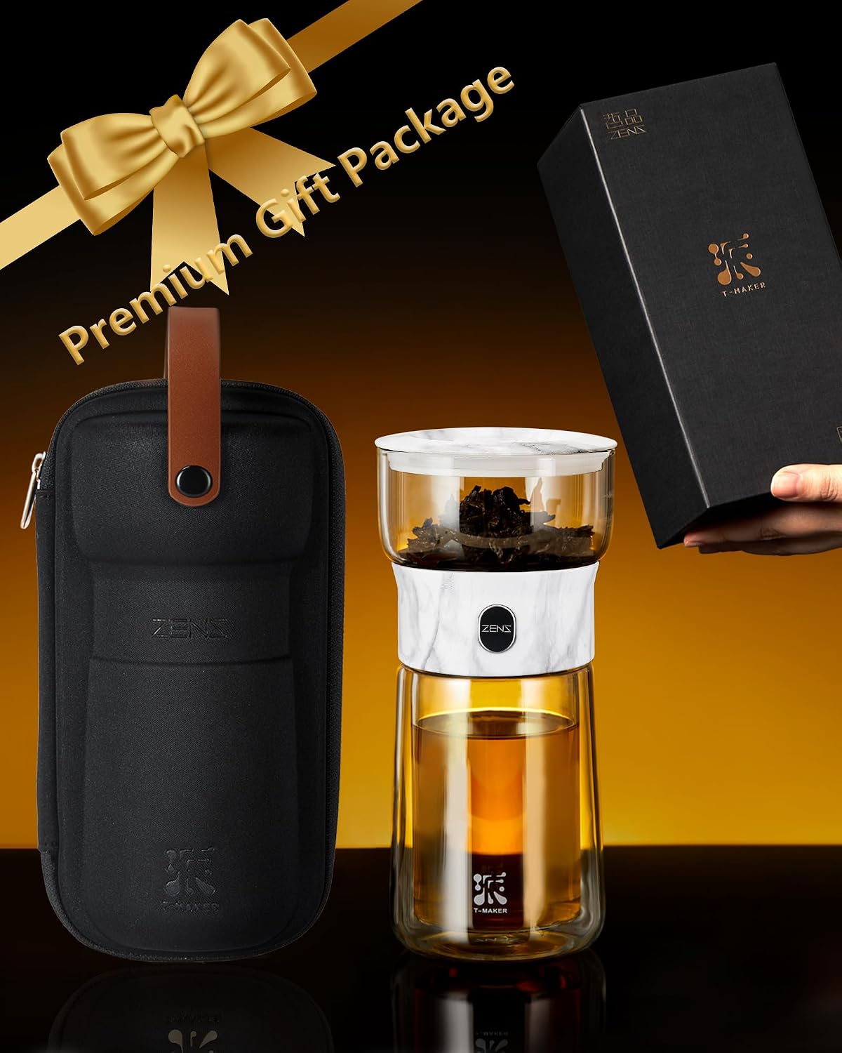 ZENS Modern One Touch Tea Maker, Glass Tea Infuser Pot for Loose Leaf Tea | Magic Teapot, Modern Tea Diffusers with 9oz Insulated Mug and Portable Bag for Tea Lovers Gifts, Marble