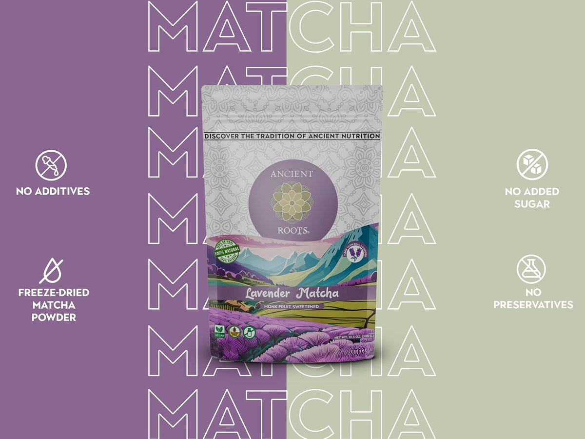 Ancient Roots Lavender Matcha - Green Tea Powder - 100% Japanese Matcha, All-natural Flavor No Added Sugar, Monk Fruit Sweetened, Clean Caffeine, Big Size,10.5 Ounce