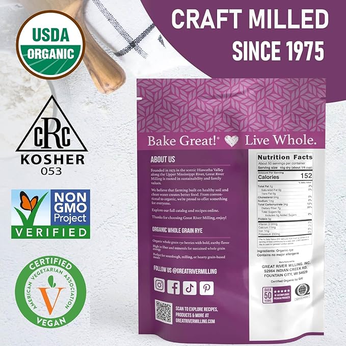 Great River Milling Organic Whole Grain Rye Berries | High-Fiber, Nutrient-Rich Ancient Grain | Non-GMO, Kosher | Ideal for Baking, Sourdough, Salads, Pilaf & Soups | 5 Lb