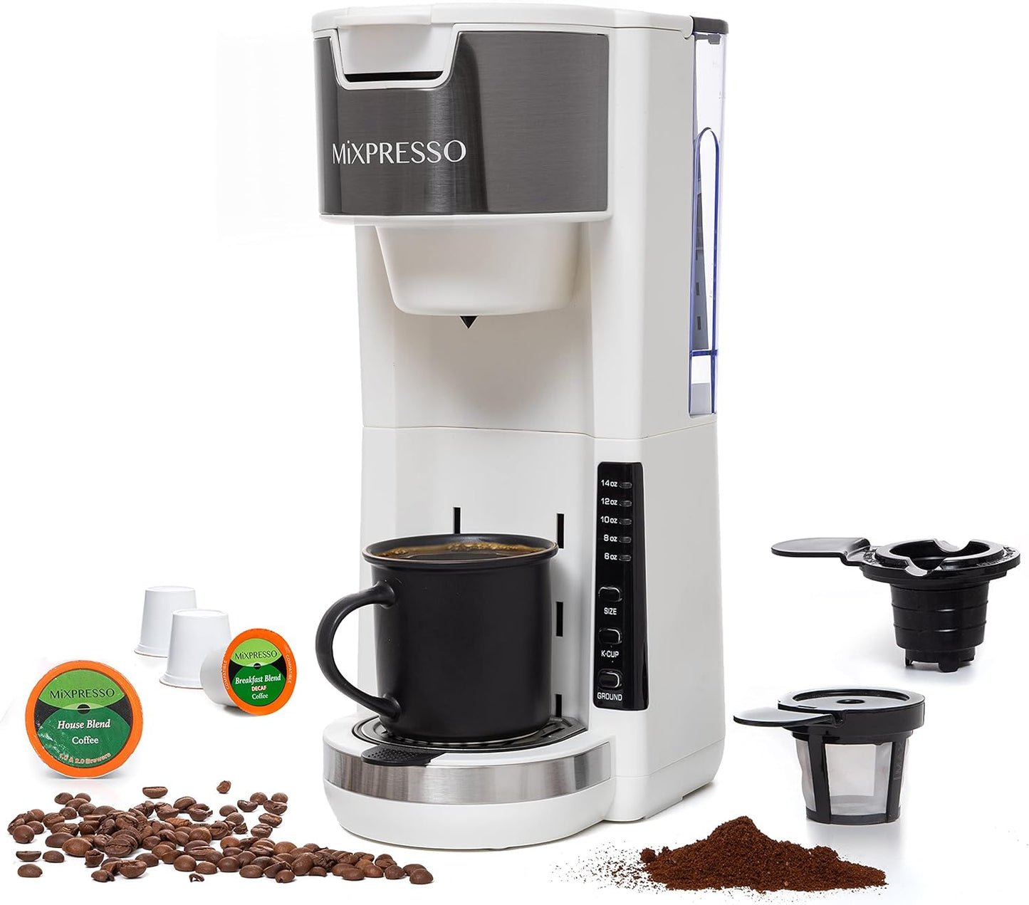 Mixpresso White Single Serve Coffee Brewer K-Cup Pods Compatible & Ground, 30 oz Compact Coffee Make