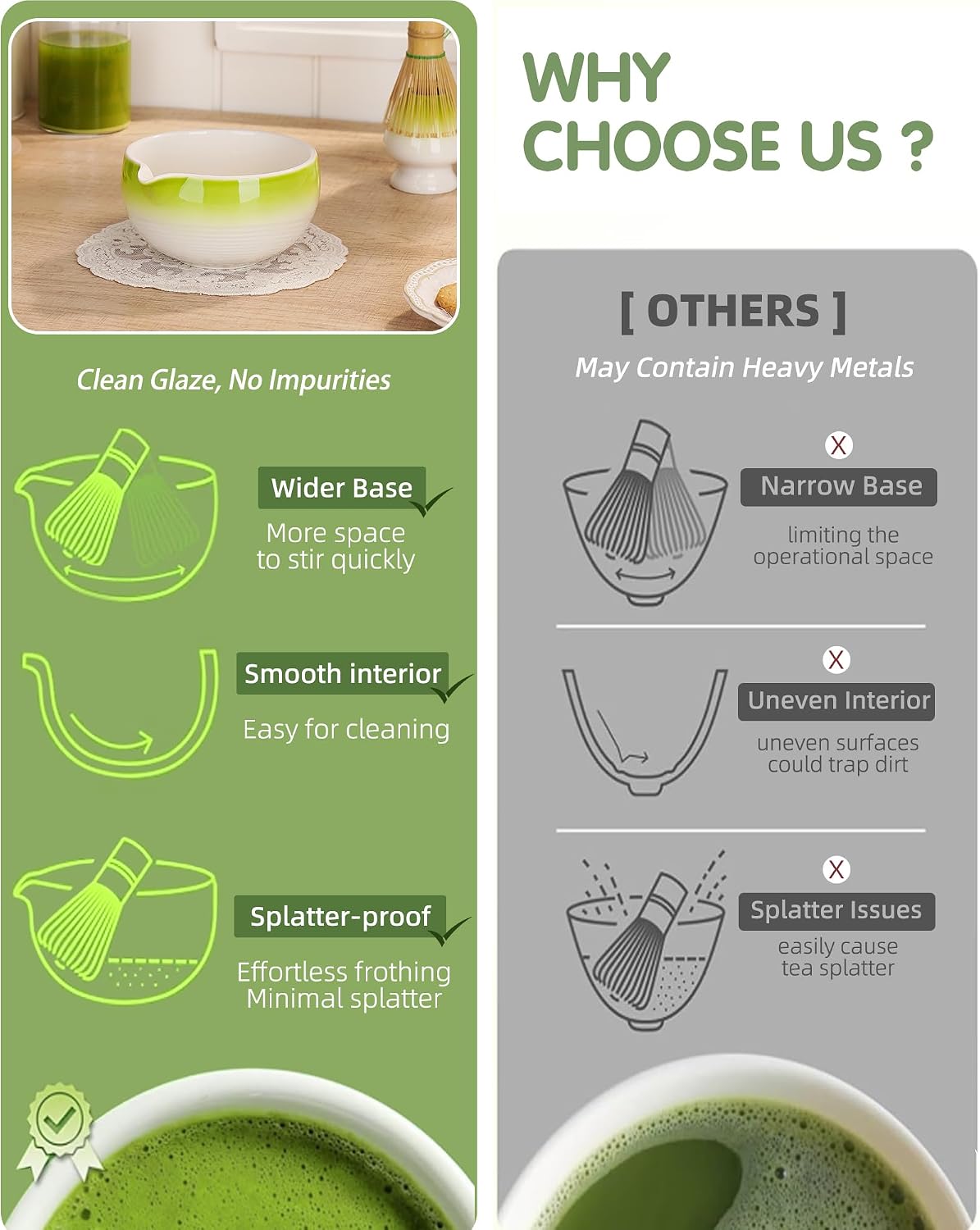 ZENS Premium Matcha Whisk Set, 6pcs Matcha Kit for Tea Ceremony, Green | Complete Matcha Set Whisk and Bowl, Bamboo Whisk, Chasen Holder, Scoop, 304 Sifter and Tea Mat for Latte Making