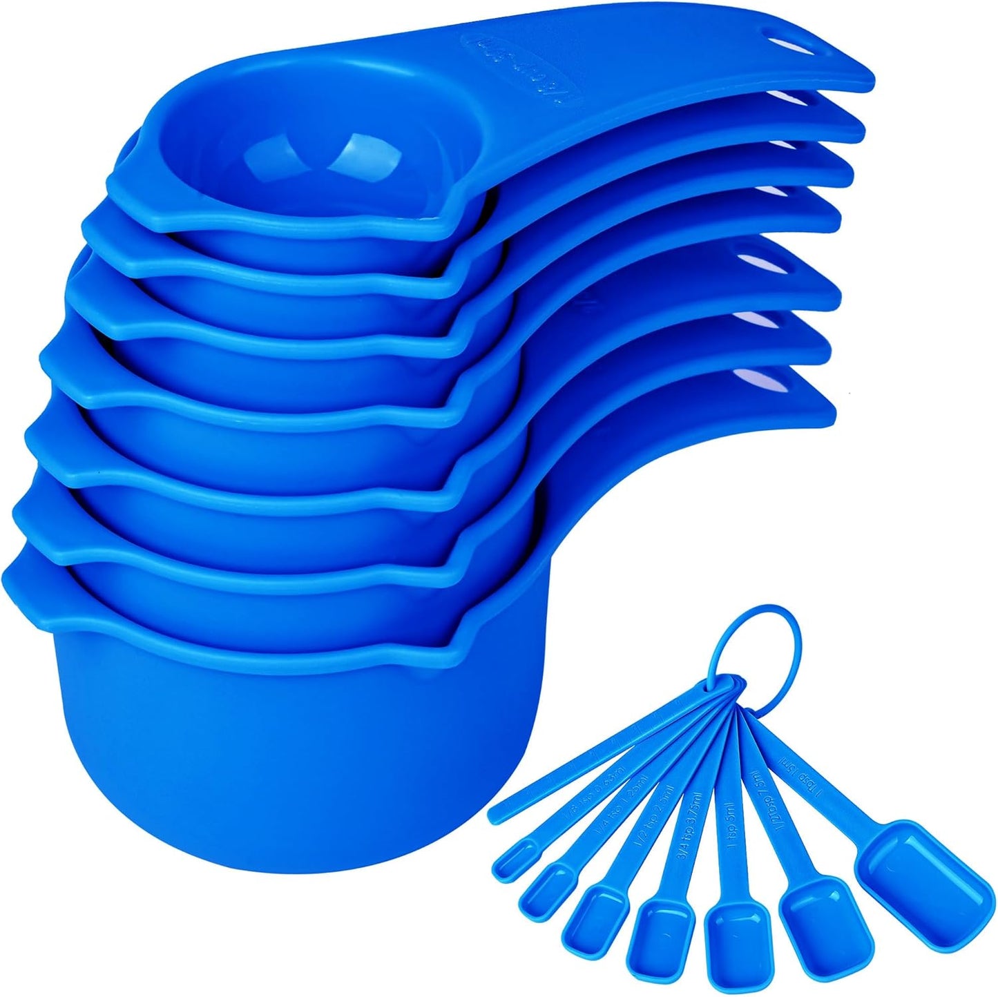 Blue Measuring Cups and Spoons Set 15, 7 Plastic Measuring Cup Set, 7 Spice Long Handle Measuring Sp