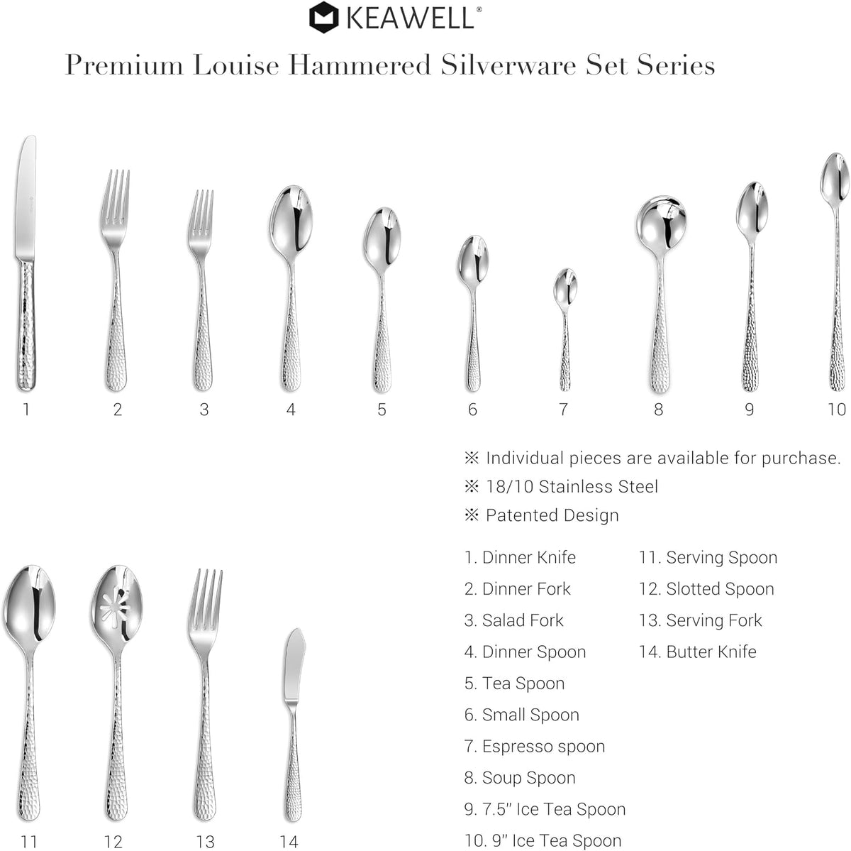 KEAWELL Premium Louise Hammered 6-Pc 4.4-Inch Coffee Spoons (6, 4.4 inches) | 18/10 Stainless Steel Demitasse Espresso Spoons; Hammered Design; Mini Coffee Spoons; Bright Mirror Polish; Dishwasher Safe