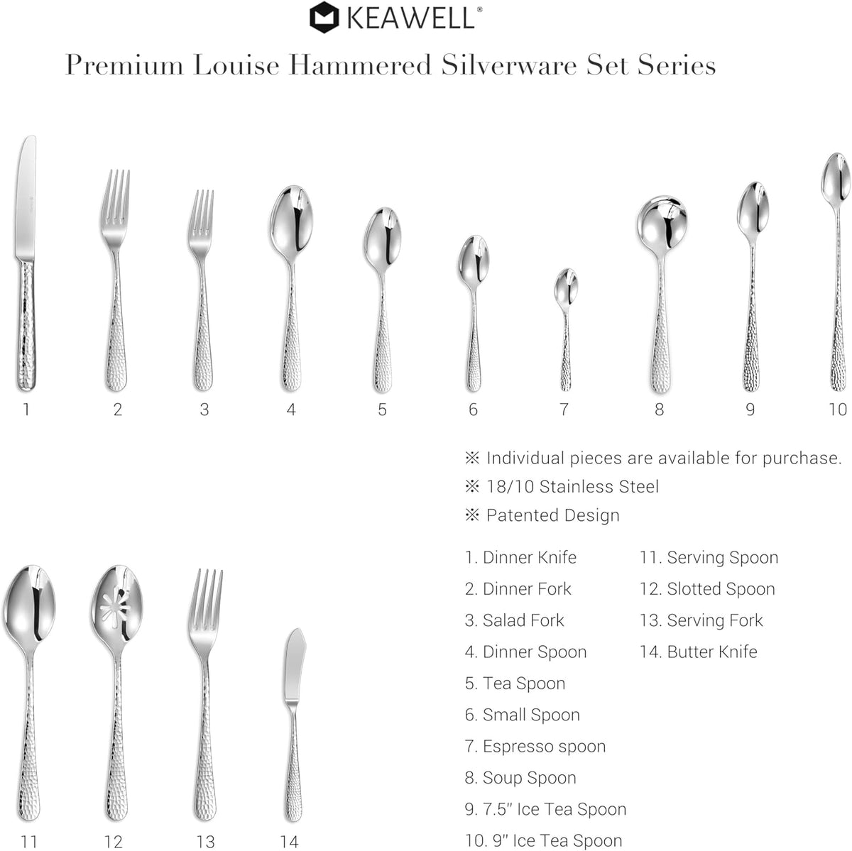 KEAWELL Premium Louise Hammered Demitasse Espresso Spoons: 6-Piece/12-Piece Set, 18/10 Stainless Steel, Mini Coffee Spoons, Small Spoon Set, Brightly-Mirror polished, Dishwasher Safe (6, 5.6 inches)