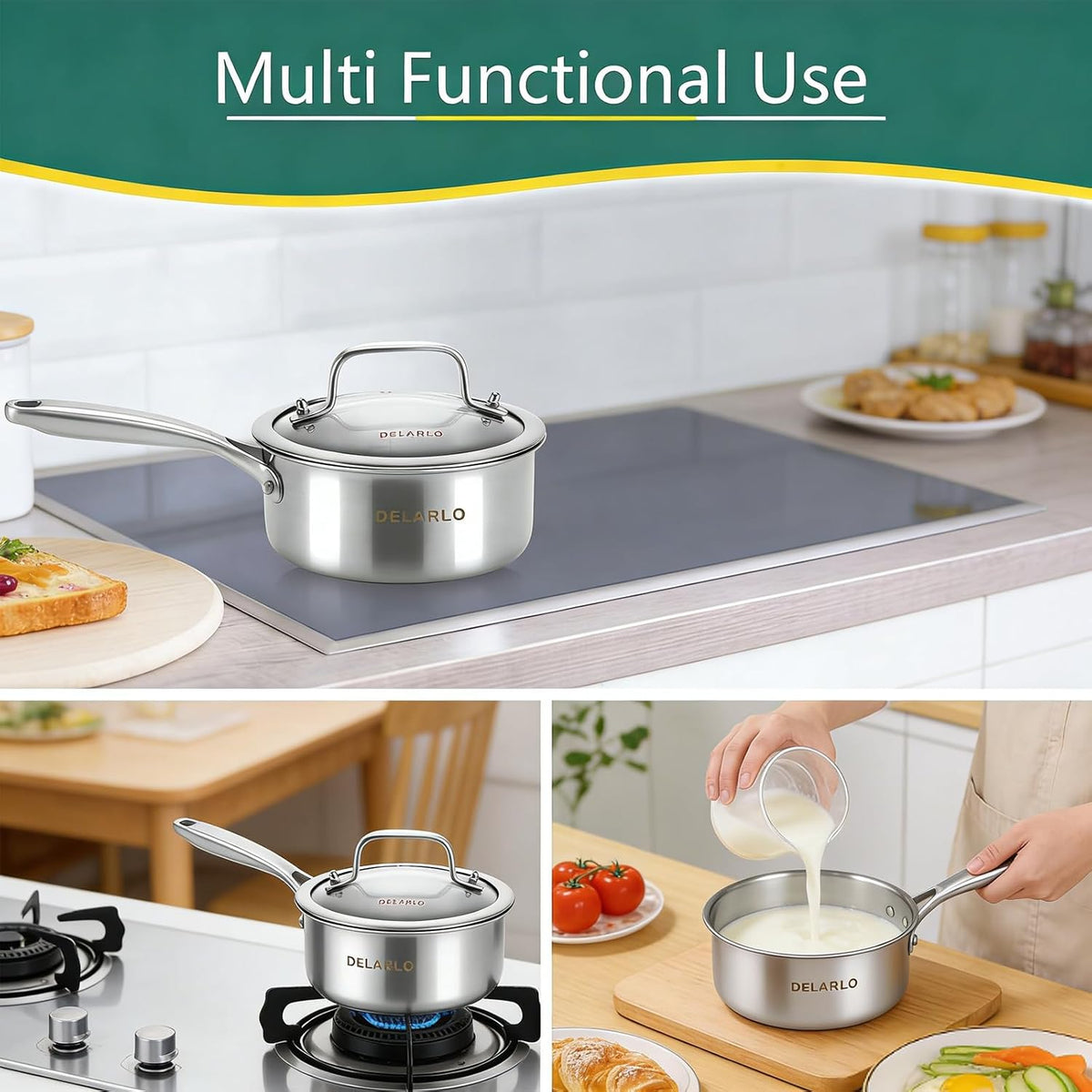 DELARLO Tri-Ply Stainless Steel Induction Saucepan, 1.5 QT with Lid, All Stove Compatible 600, Small Pots for Cooking, Heavy Duty Saucier, Dishwasher Safe