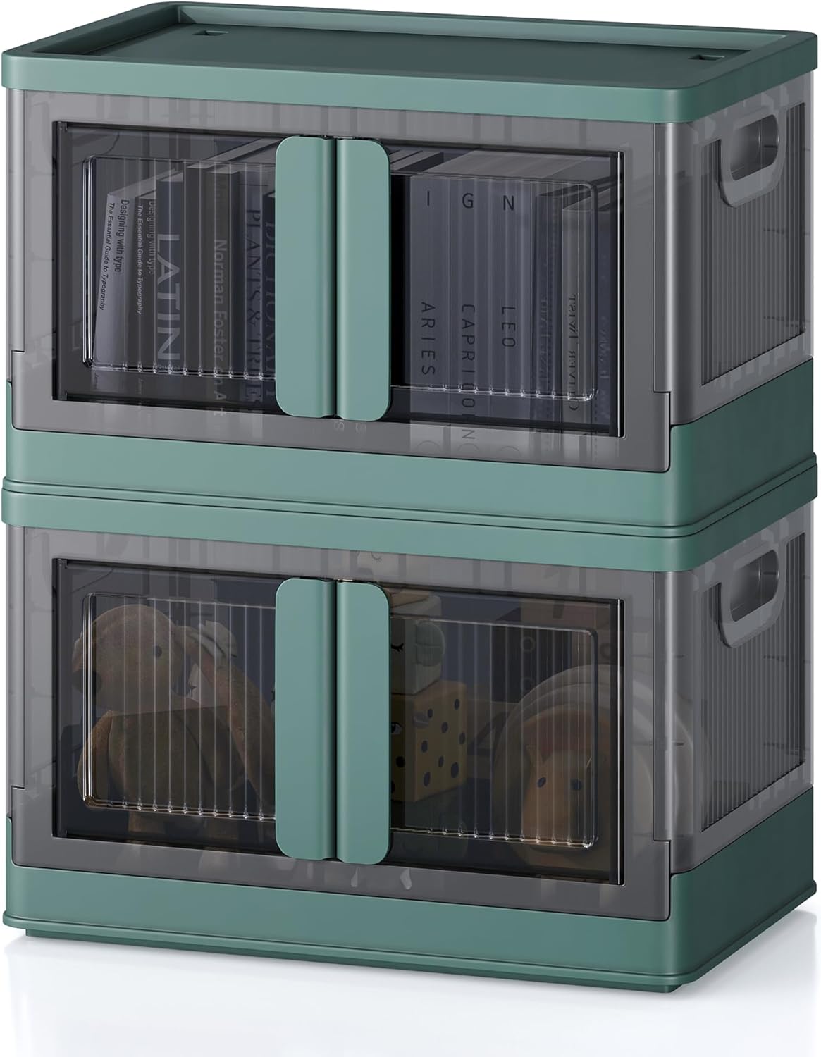 8.4Gal Collapsible Storage Bins with Lids & Wheels - 2 Pack Stackable with Doors, Heavy-Duty Plastic