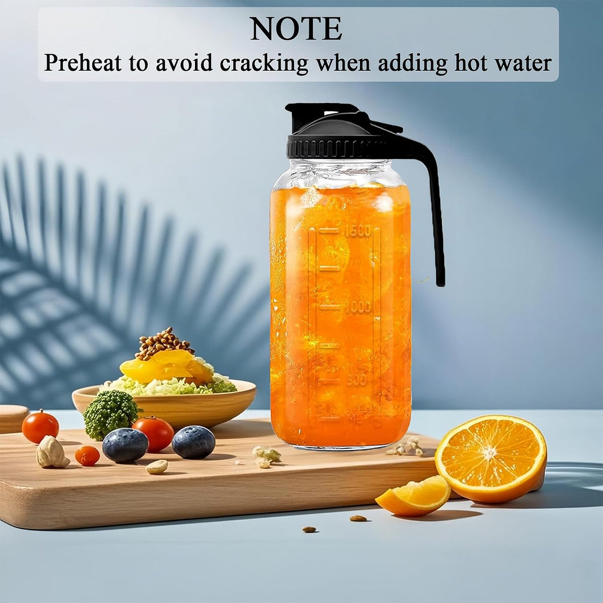 64oz Glass Pitcher Carafes With Handle and Lid, 2 Quart Mason Jar, Large Water Jug, Glass Containers for Fridge, Water Pitcher for Juice, Iced & Sun Tea, Cold Brew Coffee, Homemade Beverage