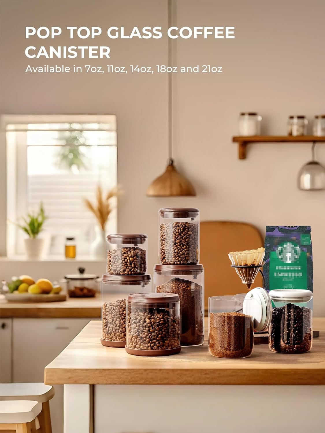 Glass Coffee Bean Canister, 10oz Airtight Coffee Container with Pop Top Lid