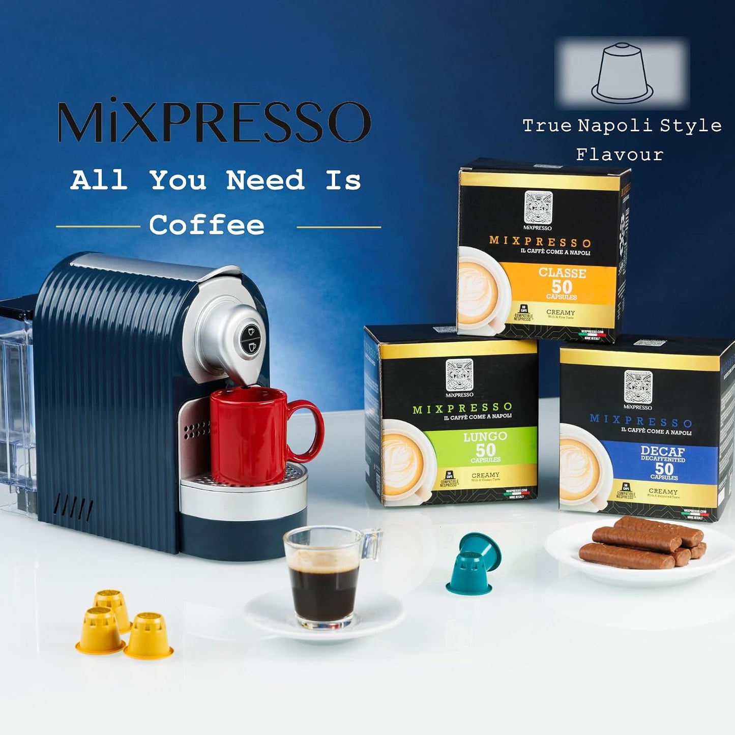 Mixpresso Espresso Machine, Compatible with Nespresso OriginalLine Capsules | 1400W single serve coffee maker with one-touch operation, 19-bar Italian pump and 27oz water tank, blue