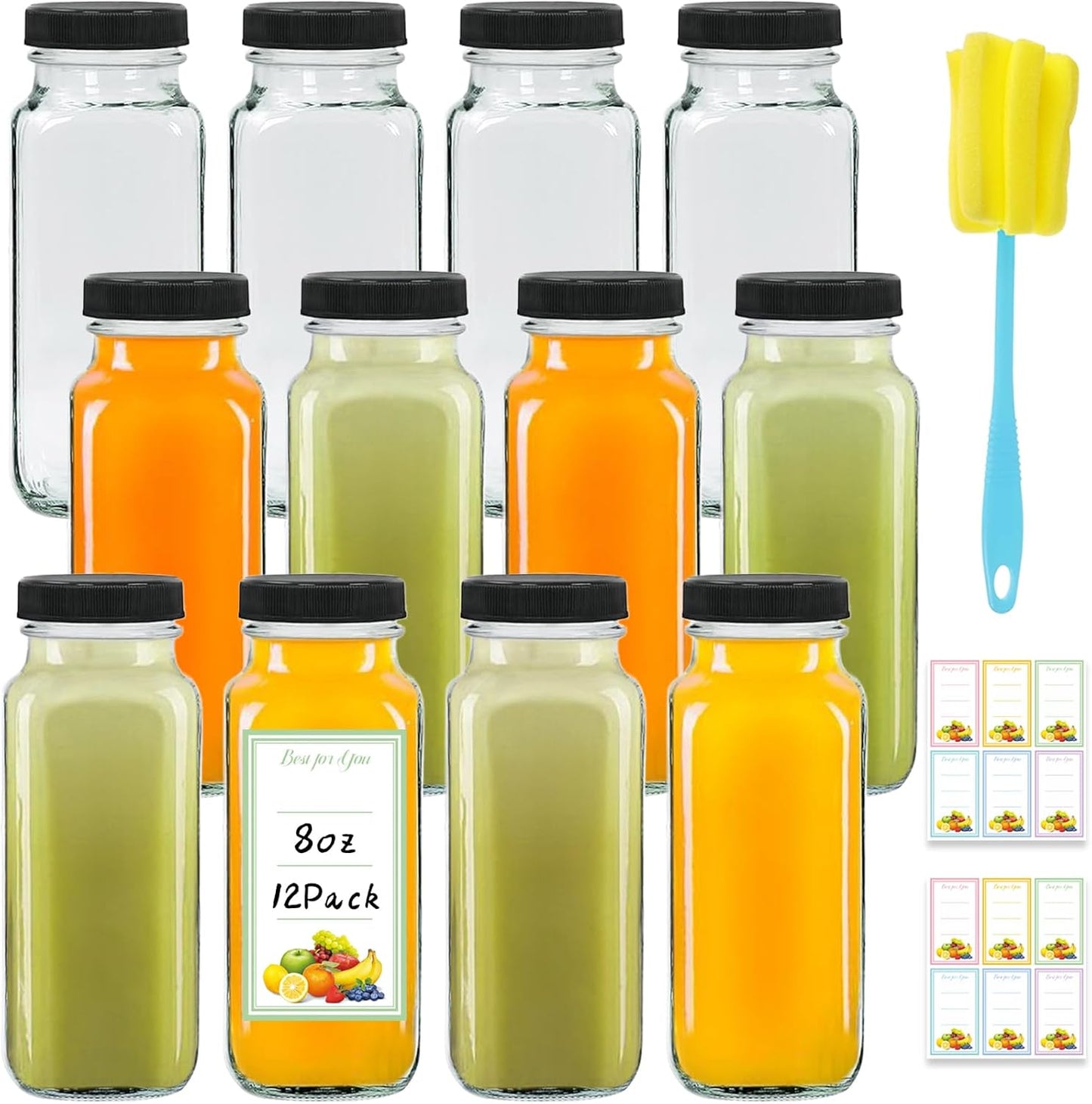 12 Pack 8oz Glass Juice Bottles with Lids, 250ml Reusable Glass Juicing Bottles, Square Drinking Jar