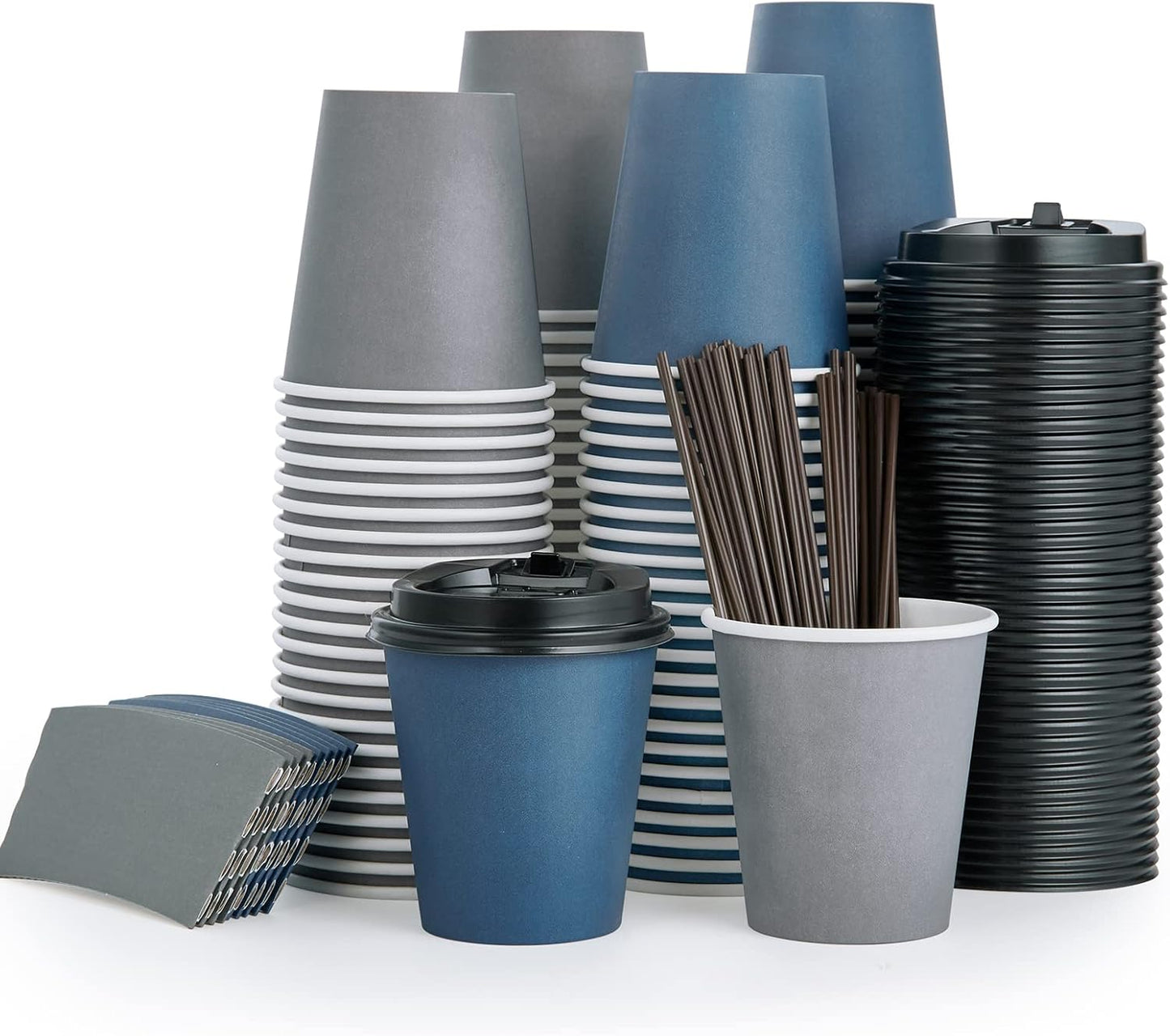 LITOPAK 100 Pack 10 oz Disposable Paper Coffee Cups with Lids, Sleeves and Stirring Sticks for Hot C
