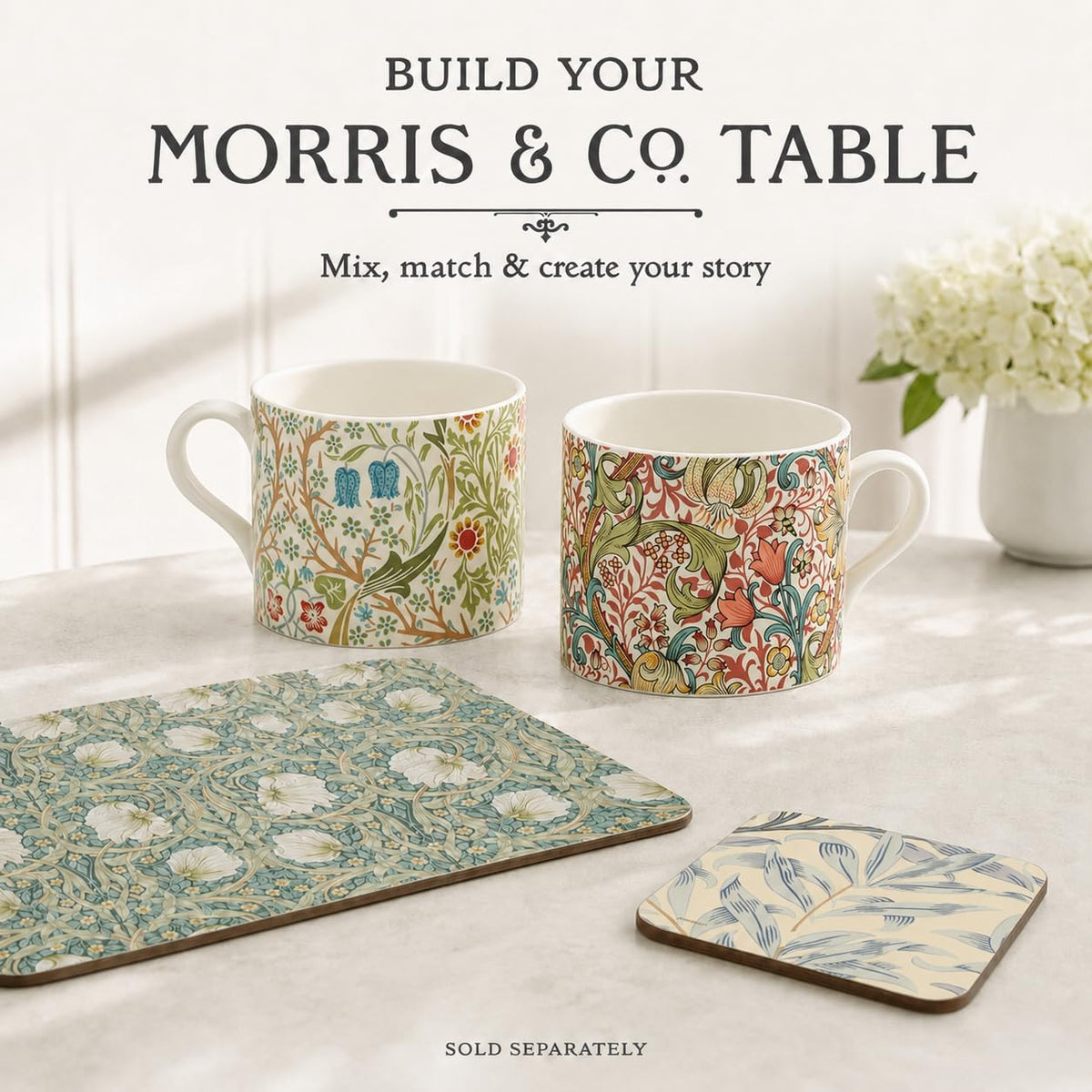 Spode Morris & Co Porcelain Mugs, Set of 2 - 12oz Microwave and Dishwasher Safe Tea & Coffee Cups for Kitchen Countertop or Home Brew Coffee Station, Great Gift for Mothers (Blackthorn & Golden Lily)