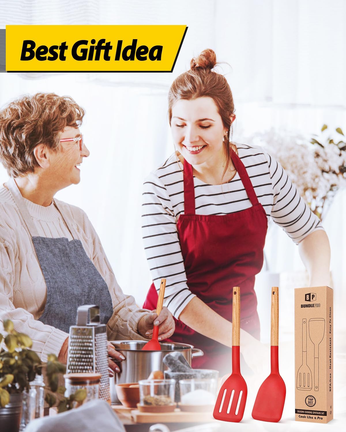 BUNDLEPRO Silicone Spatula, Solid & Slotted Turner, BPA-Free, 2 Pack, Red