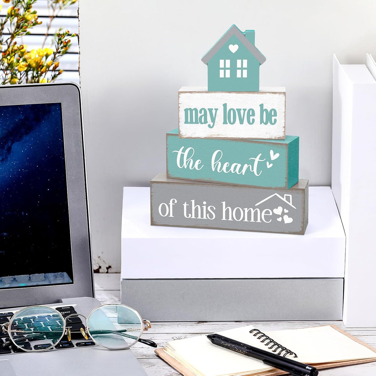 Cinnvoice 4 Pcs Farmhouse Table Decoration Rustic Sign Block,May Love Be | Home Heart Wood Sign, Teal and Grey Tabletop Centerpiece, Farmhouse Decor for Home Indoor Kitchen Shelf Tier Tray Decor
