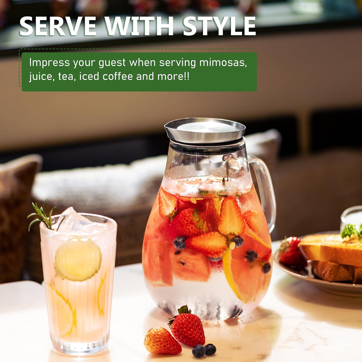 SUSTEAS 2 Liter 68oz Glass Pitcher with Lid and Handle, Removable Lid | Beverage Carafe for Cold/Hot Drink, Water Pitcher for Fridge, Iced Tea, Coffee, Juice, 1 Long-Handled Brush Included