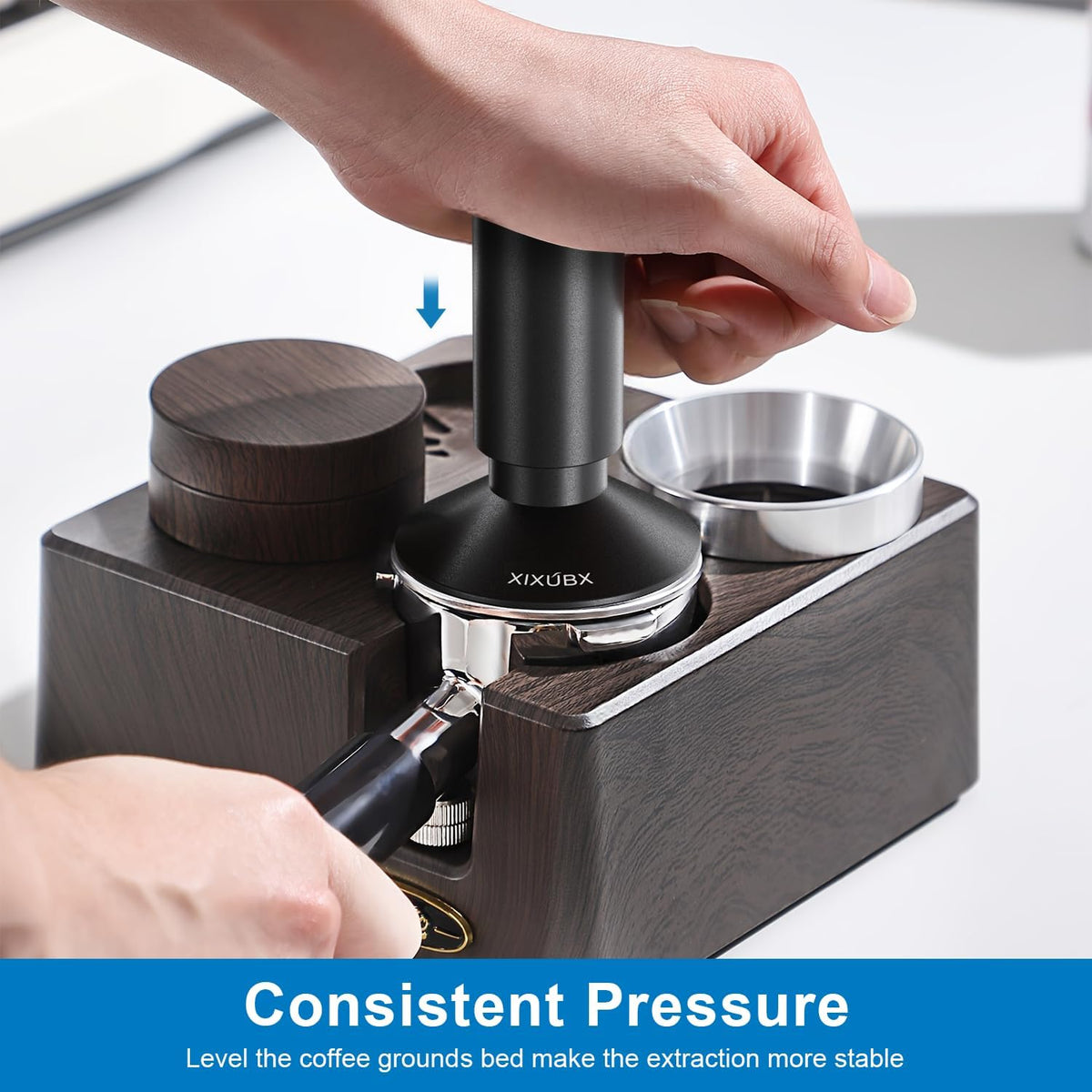 53mm Espresso Tamper & Magnetic WDT Tool, Barista Cofee Tamper with Spring Loaded, Anodized Aluminum Alloy Handle, Stainless Steel Corrugated Base with Cover for Portafilter Basket