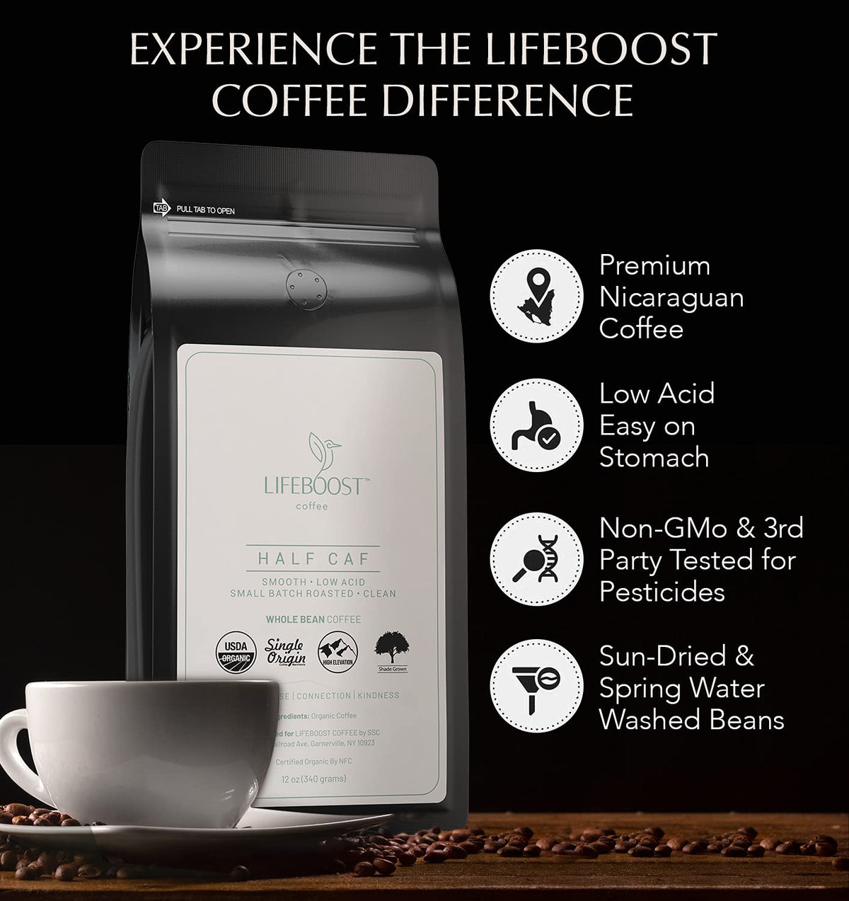 Lifeboost Half Caff Medium Roast Whole Bean Coffee - Low Acid Organic Coffee, Non-GMO, USDA Organic, Single Origin, Third-Party Tested for Mycotoxins & Pesticides - 12 oz Bag