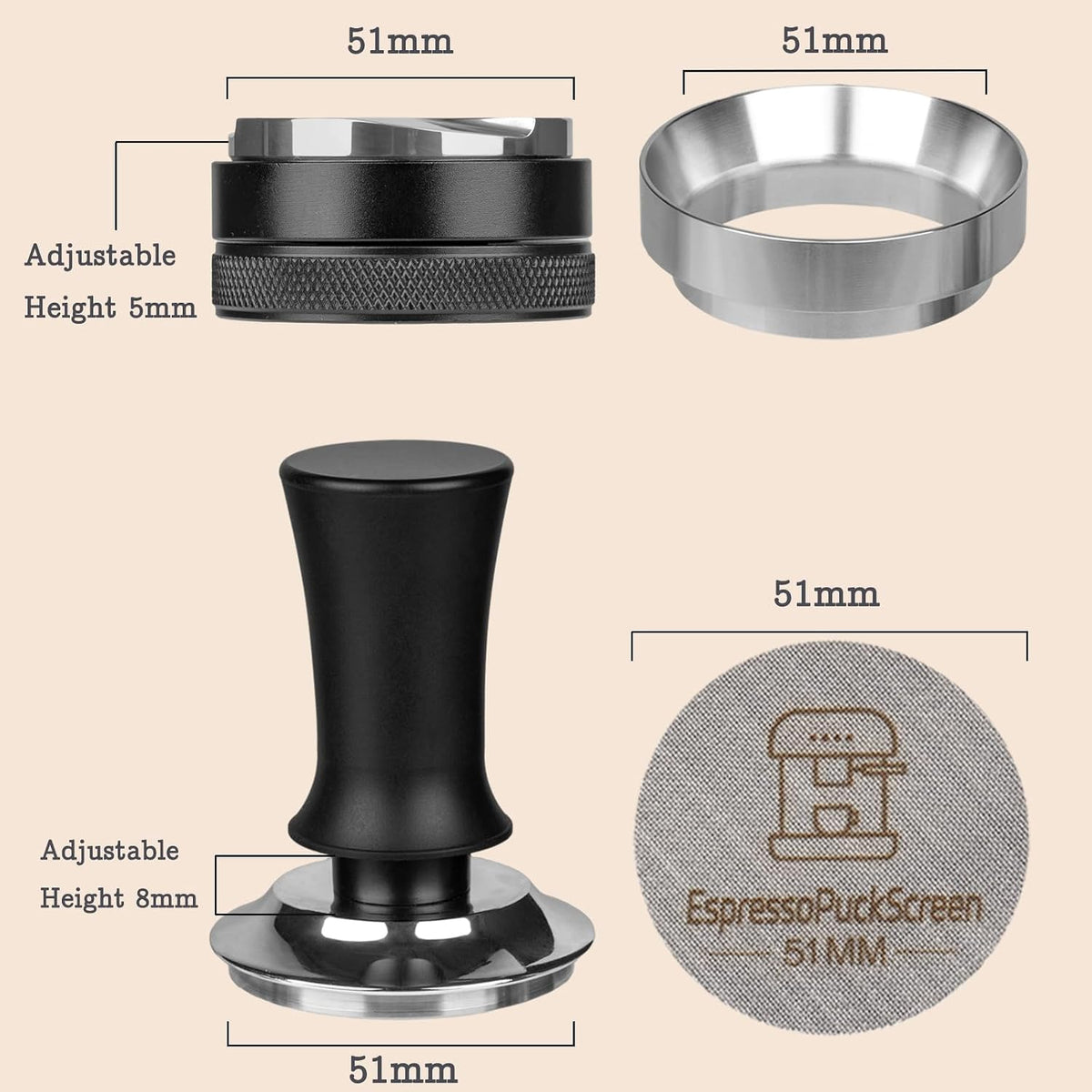 51mm Espresso Tool Kit, Coffee Tamper, Distributor, Funnel, Puck Screen