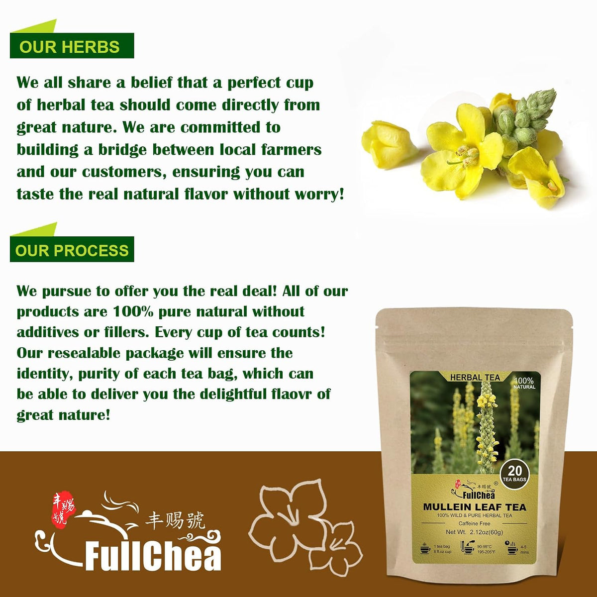 FullChea Mullein Tea Bags, 3g X 20 Count, Original Compression Technology | Mullein Leaf Herbal Tea For Lungs, Non-GMO, Additives-free, Natural Healthy Tea For Respiratory & Wellness Support