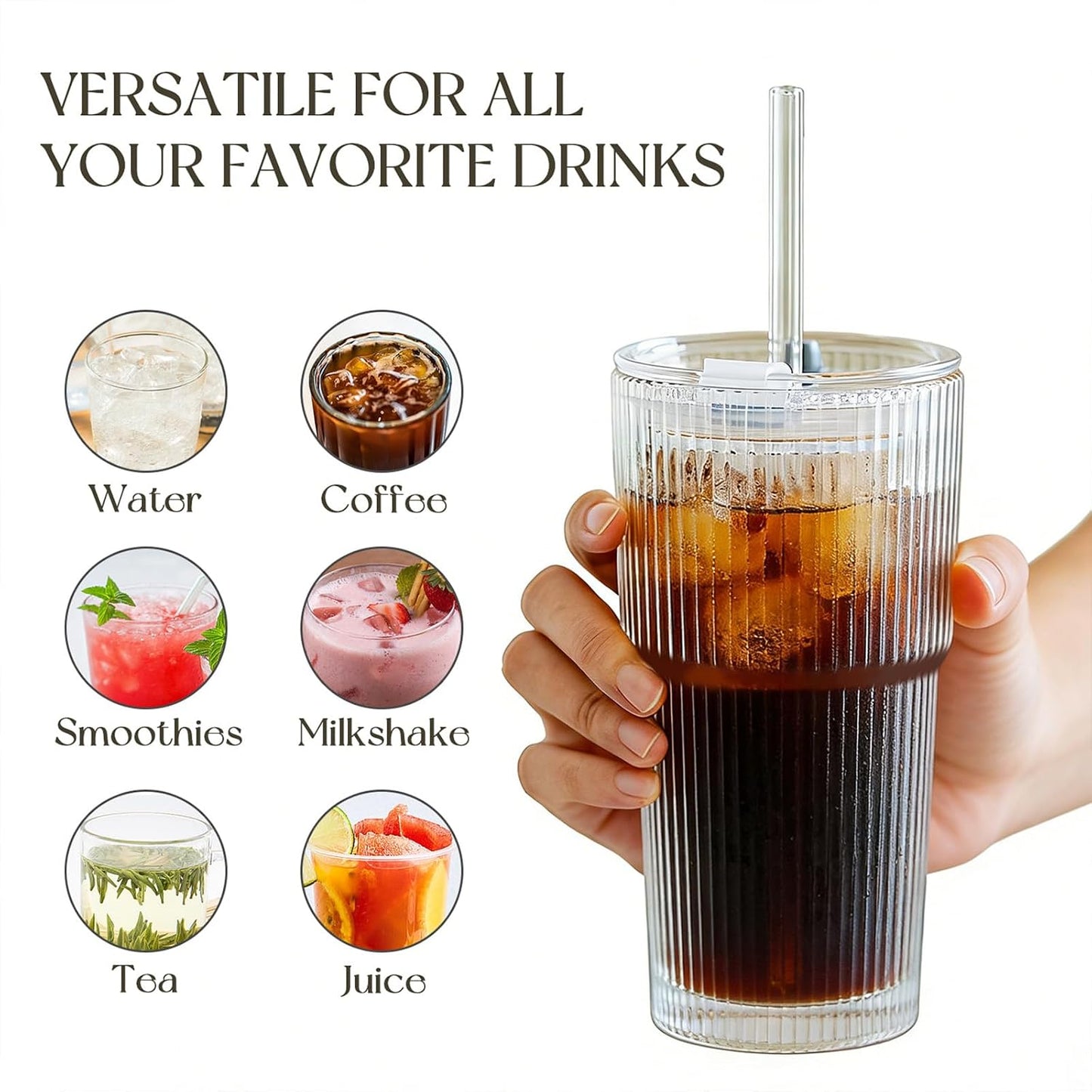 KEMORELA 20oz Ribbed Glass Tumblers with Lids and Straws,Iced Coffee Cups | Reusable thick-wall glass, Leak-Proof Lids, Fits Most Car Cup Holders, For Iced Coffee and Cold Drinks, With Cleaning Brush