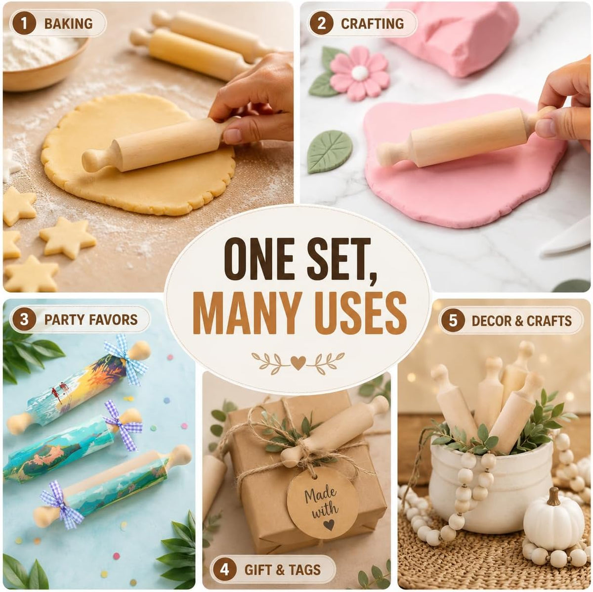 50Pcs Mini Rolling Pin, 5.5 Inches Mini Wooden Rolling Pins, Small Dough Rolling Pins for Imaginative Play and Baking Pastry Pizza Cookie Create, Halloween and Christmas Presents