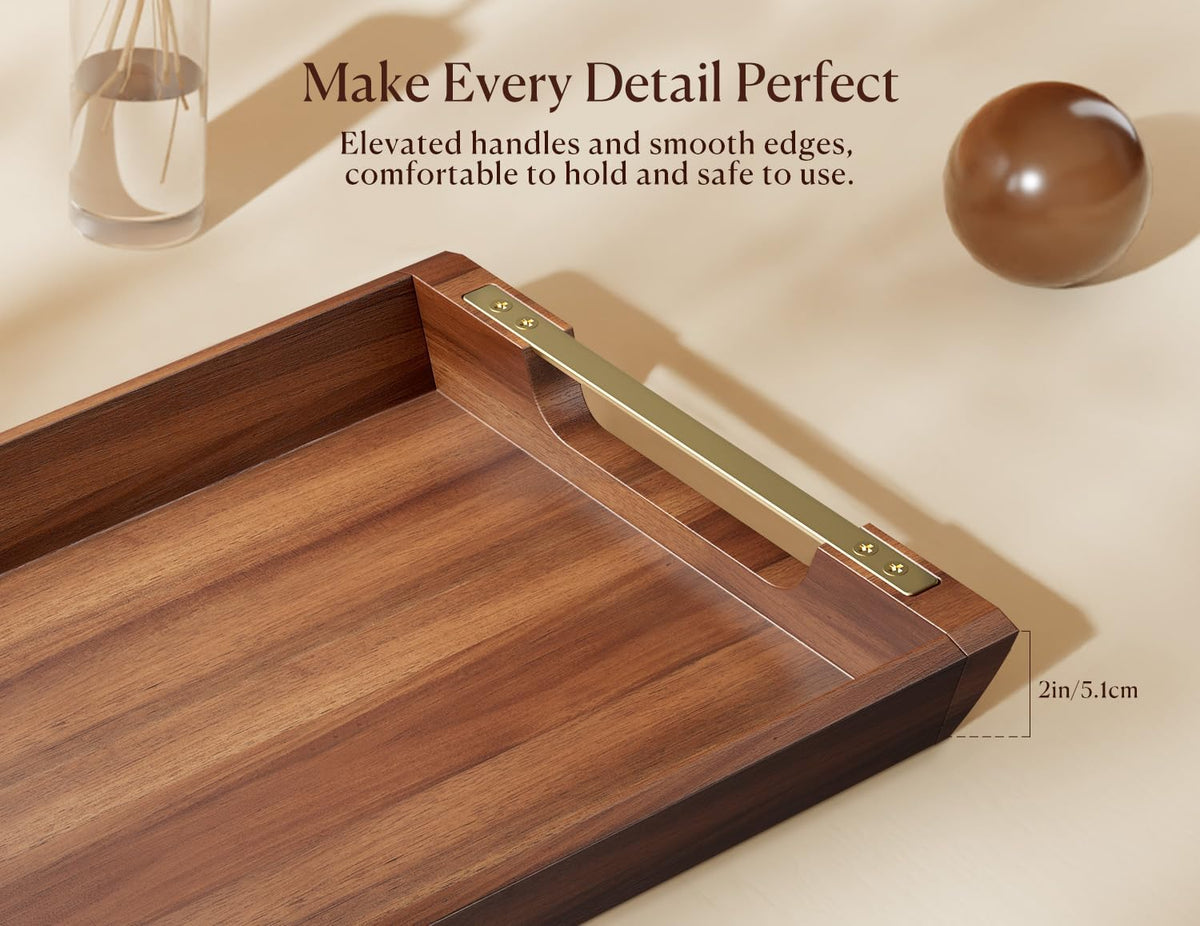 Acacia Wood Serving Tray with Metal Handles, 17x13in Large Ottoman Tray, Food Drinks Tray for Coffee Table, Breakfast, Dinner & Bar, Rustic Decorative Tray for Kitchen, Bedroom Gift Box