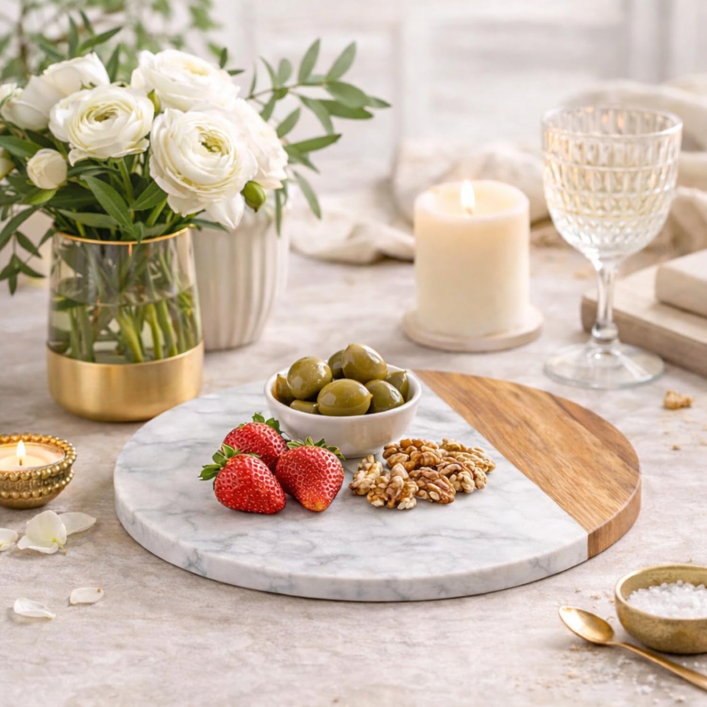 White Marble Board, 10 Inches | Cheese Board, Acacia Wooden Serving Tray, For Charcuterie, Cheese, Meats, Fruit, Crackers, Cutting Board, Round Slab