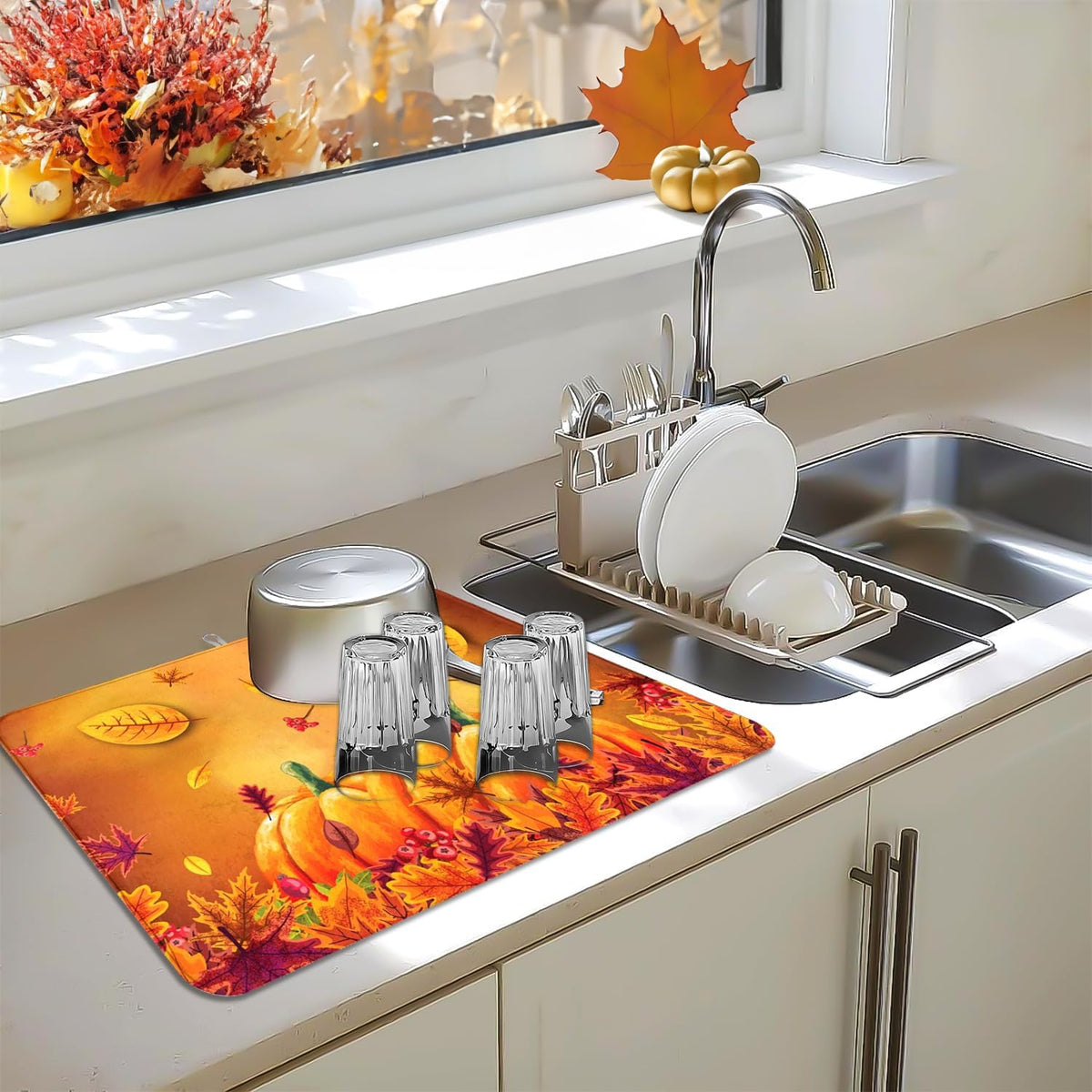 Harvest Pumpkin Maple Leaf Dish Drying Mat for Kitchen Counter, Absorbent Drying Mat with Autumn Fall Leaves, Kitchen Countertop Protector, Farmhouse Coffee Bar Decor, 18 x 24 Inch