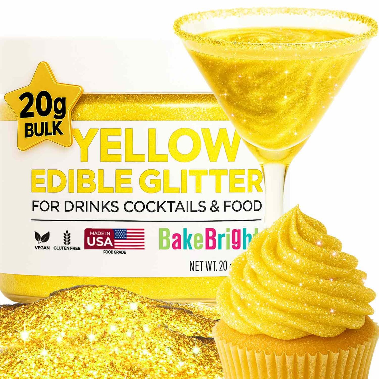 Bulk 20g Yellow Edible Glitter for Drinks | Premium Edible Glitter for Cakes, Cocktails, Yellow Cake