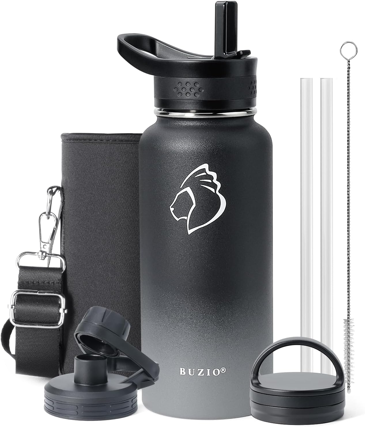 BUZIO 32 oz Water Bottle Insulated with Straw & 3 lid and Carrying Pouch, Leak Proof Anti-Slip Stain