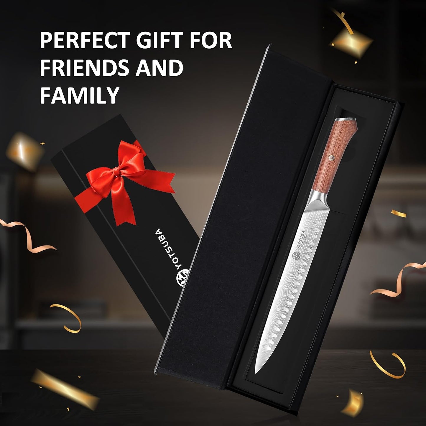 YOTSUBA 10 Inch Japanese Style Premium Natural Rosewood Carving Knife | Slicing Knife, High Carbon Steel Brisket Knives, Butcher Breaking Knives for Meat Cutting and Cooking with Gift Box