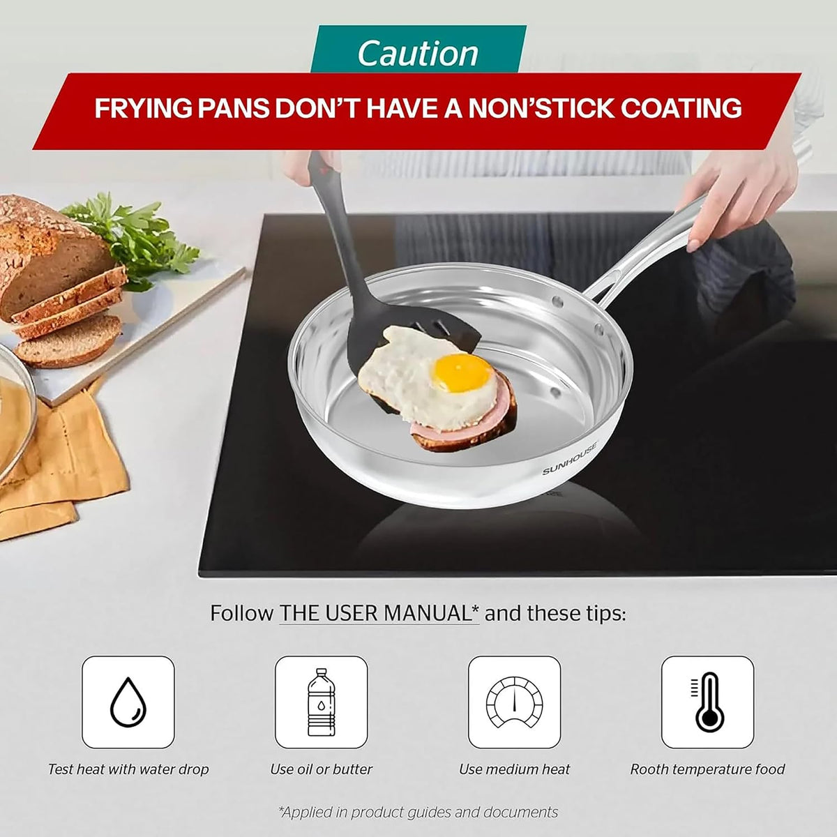 Sunhouse 18/10 10 Inch Stainless Steel Frying Pan, Whole-Clad No Coatings Skillet with Stay-cool Handle for Cooking, Durable & Oven Safe to 500°F, Dishwasher Safe, Compatible with All Cooktops