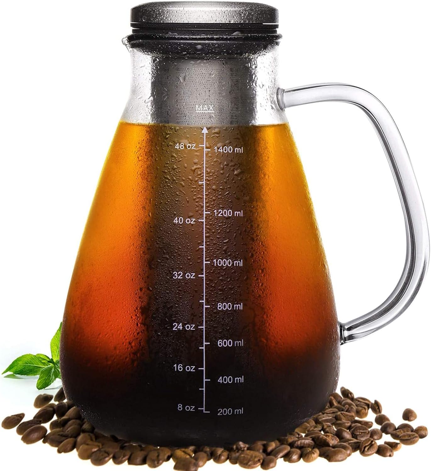 Cold Brew Iced Coffee Maker 51oz, Brewed Coffee Pot with Removable Double Mesh 304 Stainless Steel F