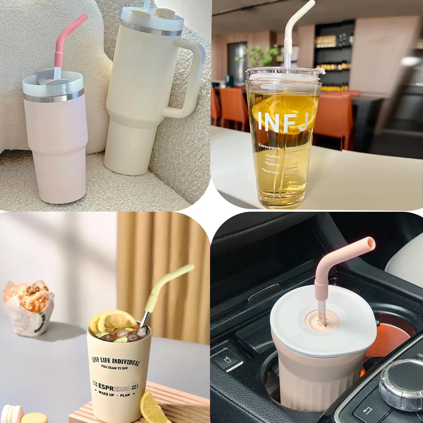 6 Pcs Reusable Color Silicone Straw Tips with Drinking Long Straws Compatible with Stanley 40/30 oz Cup Tumbler, 6 Flex Elbow Silicone Straw Covers for 8-10mm Diameter Straws, 1 Straw Cleaning Brush