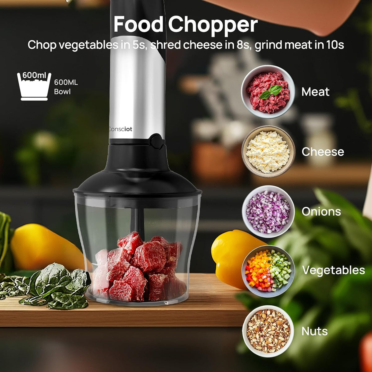 Consciot 7-in-1 Immersion Blender Handheld Max 1100W, Trigger Speed Control | Stick Emulsifier with Entire Stainless Steel Blender Shaft, 800ml Beaker, 600ml Chopper, Beaters, Frothers, Hooks & Masher