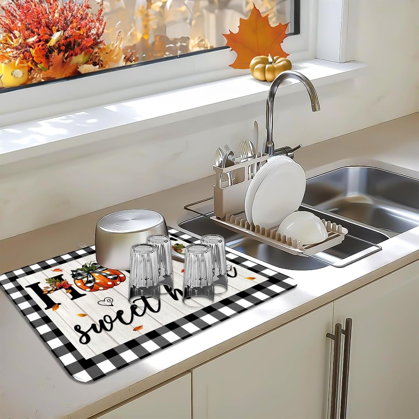 Autumn Fall Drying Mat Kitchen Countertop Pumpkin Black And White Check sweet Home 18 X 24 Inch Kitchen Coffee Bar
