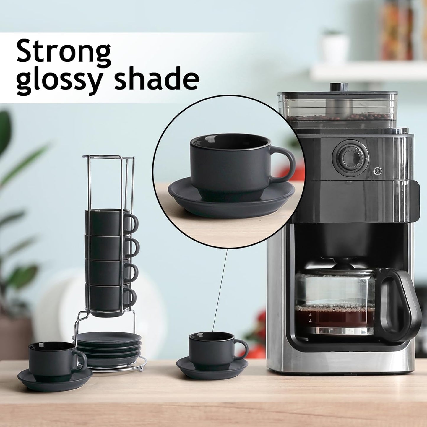 MIAMIO - 2.5 oz Espresso Cup Set with Saucers Coffee Mug Set of 6 - Ceramic Coffee Mug Stackable Espresso Mug with Stand for Coffee Drinks, Latte, Cafe Mocha - Le Papillon Collection (Black)