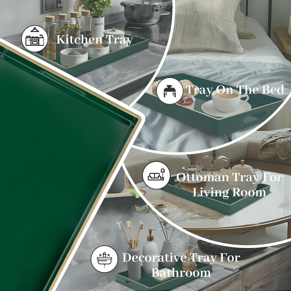 MAONAME Dark Green Decorative Tray for Ottoman, Serving Tray with Handles | Plastic Coffee Table Tray, Modern Melamine Tray, Rectangle Countertop Organizer Tray for Living Room, 15.8"L x 10.2"W x 1.4"H